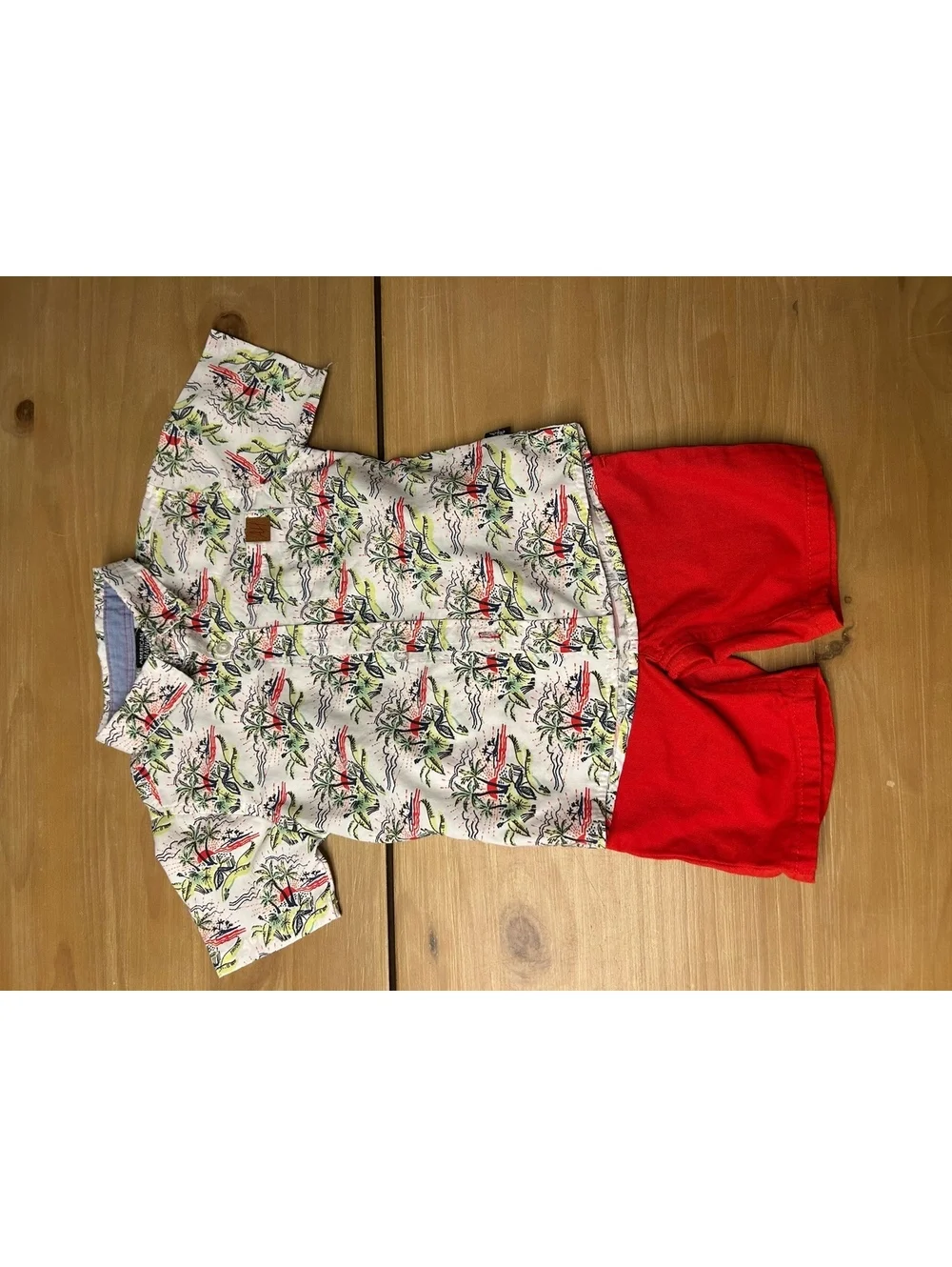 American Hawk Boys' Tropical Print Button-Up Shirt and Red Shorts Set Size 2T